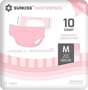 SUNKISS Masterpiece Adult Diapers with Tabs, Unisex Disposable Incontinence Briefs for Women and Men, Odor Control, Pink, Small/Medium, Previously M, 40 Count (4 Packs of 10)
