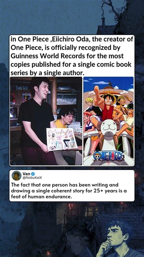 in One Piece ,Eiichiro Oda, the creator of One Piece, is officially recognized by Guinness World Rec