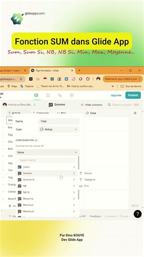 Comment utiliser la fonction SUM dans Glide (glideapps.com) App?