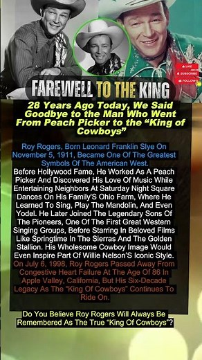28 Years Ago Today, We Said Goodbye to the King of Cowboys #shortvideo #hollywood #royrogers!