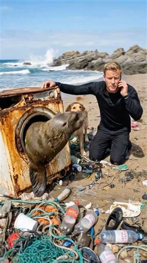 pov golden retriever rescue a sea lion stuck in old washing machine