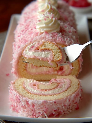 25K views · 366 reactions | Pink Coconut Swiss Roll A fluffy vanilla sponge rolled with dreamy pink coconut cream for a pastel-perfect treat. Yield: 8 slices | Temp: 350°F (175°C) | Time: 30 minutes Key Ingredients First: 4 large eggs ¾ cup granulated sugar 1 cup all-purpose flour 1 tsp vanilla extract ....................... FULLL Recipe in First Cօʍʍеոτ  | Cake Shake | Facebook