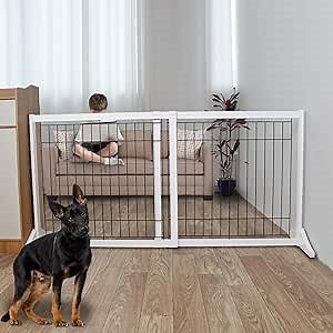 Free Standing Indoor Dog Gate for The House Expandable Freestanding Dog Gates Indoor Wood White Expandable Pet Gate Adjustable Extra Wide Puppy Gates 32 inches Tall Width from 36.2 to 65.5 inches
