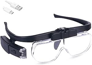 Rechargeable Headband Magnifying Glasses, Head Mount Magnifier Glasses with 2 LED Lights and 3 Detachable Lenses, Hands Free Eyeglasses Magnifier for Close Work Reading Watch Repair