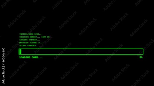 Retro 80s DOS boot sequence animation with scrolling green text, CRT scanlines, a loading bar, and blinking cursor, simulating a vintage computer startup.