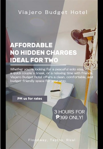 Whether you're looking for a peaceful solo stay, a quick couple’s break, or a relaxing time with friends, Viajero Budget Hotel offers a clean, comfortable, and budget-friendly space for your stay. Our Rates: 3 Hours: Php 399.00 6 Hours: Php 700.00 12 Hours: Php 1,200.00 24 Hours: Php 1,800.00 Enjoy an affordable stay without compromising comfort. We look forward to welcoming you. Stay with us! For inquiries, send us a direct message. #staycation #budgethotel #hotelroom #affordablerooms #taytayri