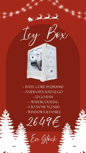 🎄 Jour 19 – Calendrier de l’Avent ❄️ Aujourd’hui, on vous présente la ICY BOX, une configuration puissante et élégante, prête à affronter l’hiver… comme les jeux les plus exigeants 🔥 💻 Au programme : * Intel Core i9-12900KF * NVIDIA RTX 5070 – 12 Go * 32 Go de RAM * Watercooling * SSD NVMe M.2 – 1 To * Windows 11 Famille 💰 2649 € 📦 En stock – prêt à partir sous le sapin 🎁 Un PC gamer premium pour se faire plaisir ou faire un cadeau qui marque vraiment les esprits ✨ #CalendrierDeLAvent #Jou