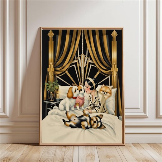 Art Deco Dog Wall Art Print, Elegant Woman With Dogs Canvas, Vintage Glam Bedroom Decor, Luxury Dog Lover Gift, Pet Illustration - Etsy
