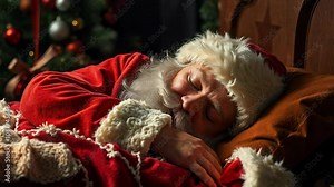 Santa Claus resting sleeping peacefully on a cozy couch after a long Christmas night. A warm, festive atmosphere with soft lighting captures the essence of holiday tranquility. Stock Video