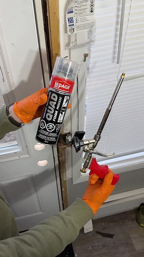 Check out this Quad Foam from Lepage. This can works with the supplied nozzle or you can use a Lepage foamgun. This is the foam you want to use for door and windows because it is low expansion and pressure making it easy to work with and it won’t bow your windows and doors It’s a closed cell structure that blocks out air and moisture and for ever inch you get a R5 insulation value. #ad #tools #construction | Kruger Construction