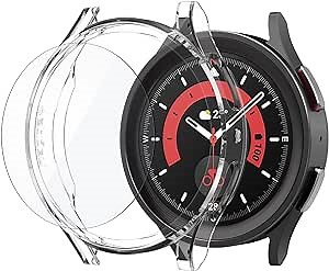 Spigen Thin Fit Case with Tempered Glass Screen Protector Designed for Samsung Galaxy Watch 5 Pro 45mm (2022) - Crystal Clear