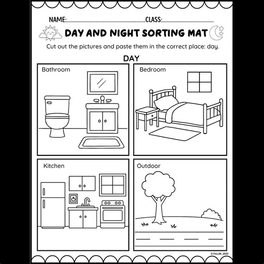 Day and Night Sorting Activity Worksheet | Cut and Paste Classification Mats This engaging cut-and-paste activity helps students practice sorting daily routines, objects, and animals into daytime and nighttime categories. https://www.teacherspayteachers.com/Product/Day-and-Night-Sorting-Activity-Worksheet-Cut-and-Paste-Classification-Mats-14548374 #dayandnight #sorting #activities #cutandpaste #classification #mats | P.A.Lek