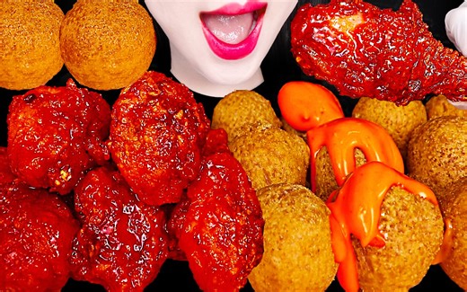 Jane ASMR CHEESE BALL, SPICY SAUCE, FRIED CHICKEN EATING