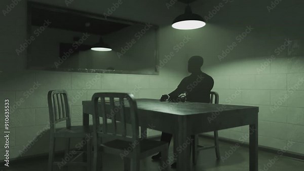 Timelapse Animation Of An Interrogation Room With Dark Silhouette Of A Handcuffed Man Waiting For An Interview Investigation Of A Crime With The Sequence Of Events