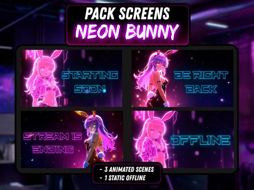 Neon Bunny Stream Overlay Pack Animated: Anime Twitch Screens, Pink Cyberpunk Gamer Overlay, Cute Neon Vtuber Overlay Bundle WEBM - Etsy