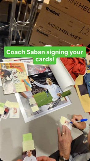 Coach Nick Saban signing some of your cards. Running out of room! To see all of our upcoming signings, please click the link below. https://powerssportsmemorabilia.com/pages/upcoming-autograph-signings?utm_source=instagram&utm_medium=organic&utm_campaign=instagram_bio&utm_id=instagram_bio | Powers Sports Memorabilia