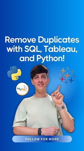 Lorenzo Rosa 🤌 Data Analytics & Data Science on Instagram: "❌ Tired of spending hours manually cleaning data? 👉 Save this post to master removing duplicates in SQL, Tableau, and Python! Duplicate data can skew your analysis and lead to misleading insights. But don’t worry, I’ve got you covered! WATCH this reel to learn how to use SQL, Tableau, and Python to tackle duplicates, ensuring your data is pristine and reliable. ✅ Ready to take your data skills to the next level? Dive into this reel to