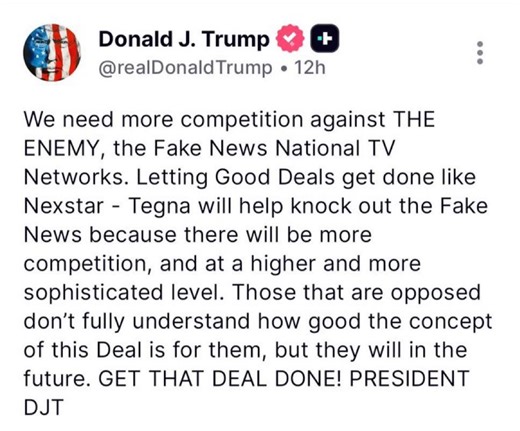 Feb 8th... This Is A Big Deal: As of early 2026, Nexstar Media Group is in the process of acquiring TEGNA Inc. for $6.2 billion, a deal expected to close in the second half of 2026. This merger will combine Nexstar's ~200 stations with TEGNA's 64, creating the nation's largest local TV owner with potential reach to 80% of U.S. households. | Kristeen Jailbird
