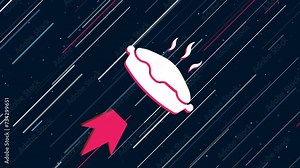 Hot pie symbol flies through the universe on a jet propulsion. The symbol in the center is shaking due to high speed. Seamless looped 4k animation on dark blue background with stars