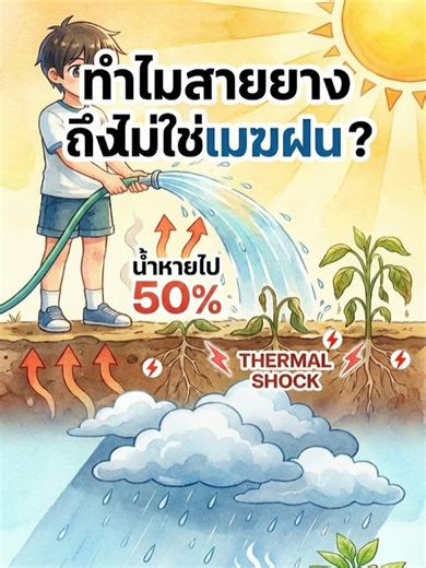 อย่าหาทำ! 🚫 สายยางรดน้ำ กับ เมฆฝน... พืชบอกว่า 'มันไม่เหมือนกัน!' 🌿💦 ‌ เคยสงสัยไหม? ทำไมฝนตกตอนเที่ยงพืชไม่ตาย แต่พอเรารดน้ำเองตอนแดดเปรี้ยง ต้นไม้กลับเฉา? 🧐 ‌ ความจริงคือ 'ฝน' มาพร้อมเมฆที่ช่วยลดอุณหภูมิใบและอากาศล่วงหน้า ทำให้พืชปรับตัวทัน แต่ 'สายยาง' คือการเอาน้ำเย็นจัดไปสาดใส่รากที่กำลังร้อนจัด จนเกิดภาวะ Thermal Shock รากหดตัวเฉียบพลันและหยุดดูดสารอาหารทันที! ‌ แถมน้ำจากสายยางตอนเที่ยงยังระเหยทิ้งไปเปล่าๆ ถึง 50% ก่อนถึงรากด้วยซ้ำ! 😱 มาเปลี่ยนวิธีการรดน้ำให้ถูกต้องตามหลักวิทยาศาสตร์ใน