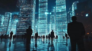 Download Crowded futuristic cityscape with towering neon skyscrapers and silhouettes, capturing a cyberpunk atmosphere with vibrant lights, digital structures, and a sci-fi aesthetic. for free