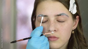 Eyebrow Makeup. The master paints to highlight the eyebrows. Eyebrow correction and dyeing procedure. Video on the topic of beauty and personal care. High-quality HD video, slow-motion
