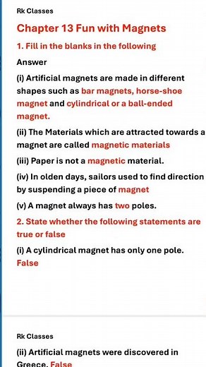 6th Science #Fun with Magnets #Exercise question answers‎@RKclasses-lrm
