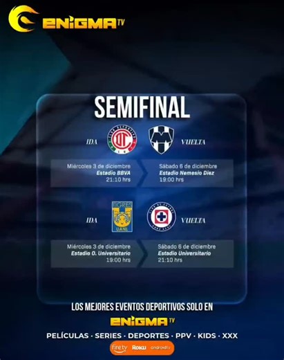 tv.enigma2 on Instagram: "🤩😱Activa Con ENIGMA TV! 😱🤩 Te Ofrecemos: sección de: Canales Películas Series ✅SECCIÓN DEPORTIVA!⚽⚾🏈 ✅SECCION LATINOS ✅SECCIÓN CANALES USA. ✅ACCESO A NBA, NHL, NFL, MLB, WWE y F1 Y MAS. ✅DEPORTES DE PPV y 24/7. ✅SECCIÓN DE ADULTO. ✅SECCIÓN CINE ✅SECCIÓN INFANTIL 🛠 Compatible con: ✅ Android TV ✅ Google TV ✅ Fire TV ✅ Android Box ✅ Roku #tigresvscruzazul #rayadosvstoluca #tigres #rayados 📲 ¡Actívalo ahora! Envíanos un mensaje por WhatsApp 👉 https://wa.me/mess