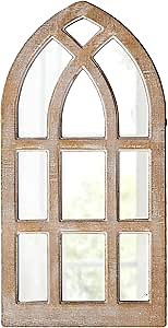 Small Rustic Arched Window Mirrors for Wall Decor 8 X 16 Inch, Hanging Farmhouse Cathedral Window Pane Mirror, Distressed Wooden Frame Decorative Mirror for Living Room Hallway Entryway