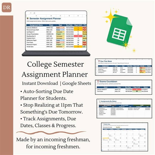 College Assignment Planner | Google Sheets Semester Tracker with Due Dates | Student Homework Organizer