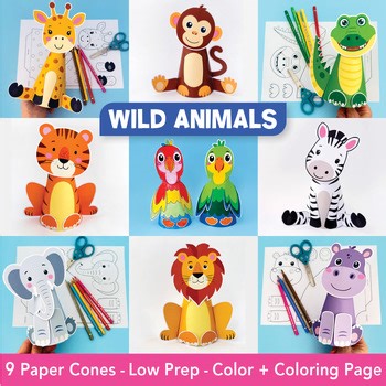 Paper Cone Wild Animal Craft Bundle, Zoo & Jungle Animals Printable Coloring DIY