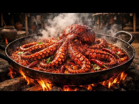 OCTOPUS COOKING and EATING | Big Size Octopus fry | Seafood Recipe Cooking in Village