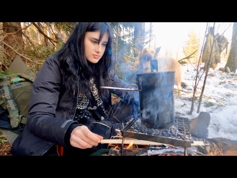 English Breakfast in the Forest. Bushcraft Campfire Cooking