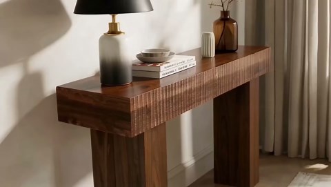 ZYBT 56" Fluted Console Table, Boho Vanity Desk Wooden Narrow Sofa Table Behind The Couch, Farmhouse Entryway Table for Entrance, Hallway,Living Room,Bedroom, Home Office,Brown