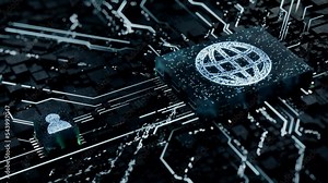 Image Technology Concept with picture symbol on a Microchip. White Neon Data flows between the CPU and the User across a Futuristic Motherboard. Seamless Loop.