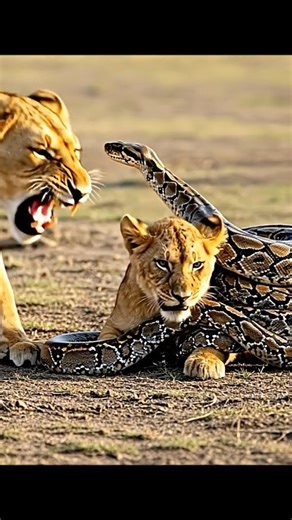 Lion Cub Gets Entangled by a Python — Tense Wildlife Moment