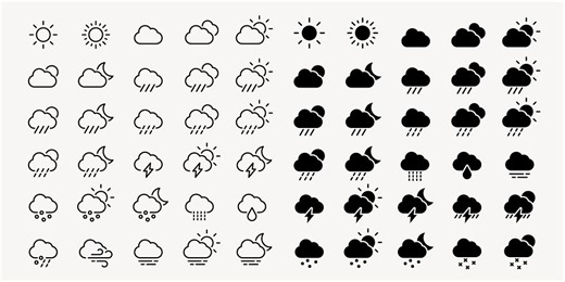 Download free vector of Weather icons for diverse forecasts vector set by Minty about clouds, sun, black, icon, and snow 26311807