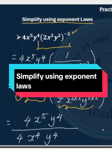 Algebra: Simplify using exponent laws {4x⁵y⁴(2x²y²)^-2} ·negative exponent laws ·Power law of exponents ·Quotient law of exponents ·Law of exponent zero #grade10math #maths #mathsolutions #exponent_laws #mathtutor