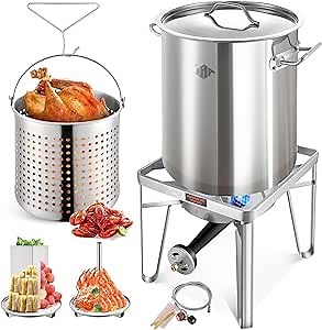 ARC 52QT Stainless Steel Turkey Fryer Pot and Burner Kit, Propane Burners, Tamale Steamer Pot with Basket, Steamer Rack, for Outdoor Cooking, Seafood Boil, Crawfish Boil, Home Brewing