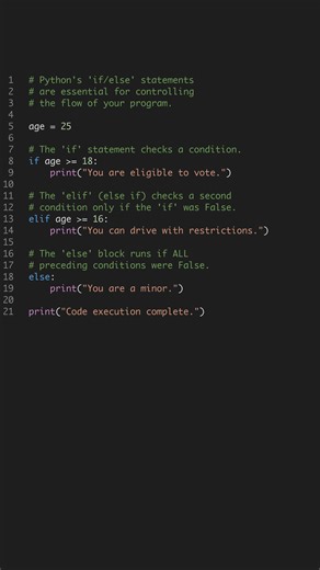 🚀 Unlock decision-making in Python! Learn if, elif, and else in forty seconds. Code like a pro! 💻 #python #coding #programming #tech
