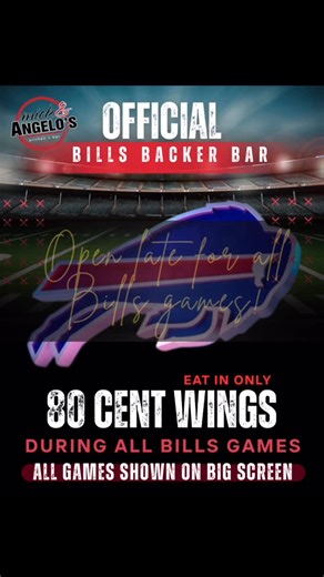 Mick and Angelo's on Instagram: "Mick’s is an official Bills Backer Bar, aka… your new favourite hangout! Join us for all Bills games and catch the action on our massive screen TV while munching on 80 cent wings - because, priorities! We’re talking late-night shenanigans for every Bills game this season. Don’t miss the fun at the newest Bills Mafia Headquarters. 🏈🍻"