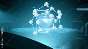 A glowing, three-dimensional molecular structure floats over a futuristic table in a dimly lit room.