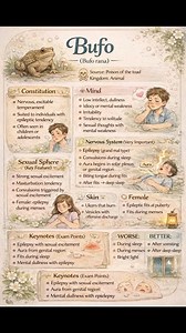 🐸 Bufo rana Source: Poison of the toad Kingdom: Animal 🧠 Constitution Nervous, excitable temperament Suited to individuals with epileptic tendency Often seen in children or adolescents 🧠 Mind Low intellect, dullness Idiocy or mental weakness Irritability Tendency to solitude Sexual thoughts with mental weakness ⚡ Nervous System (Very Important) Epilepsy (grand mal type) Convulsions during sleep Aura begins in solar plexus or genital region Biting tongue during fits After fits → deep sleep ❤️