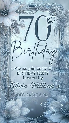 Blue Ice Floral 70th Birthday Invitation | Elegant Animated Canva Template