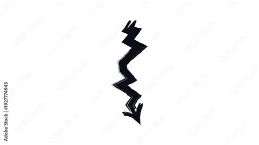 Zigzagging broken arrow pointing downward bold thick stroke animation. Sharp angular turns. Lightning bolt. Expressive grunge marker highlight pointer 4K video motion. Animated ink rough direction