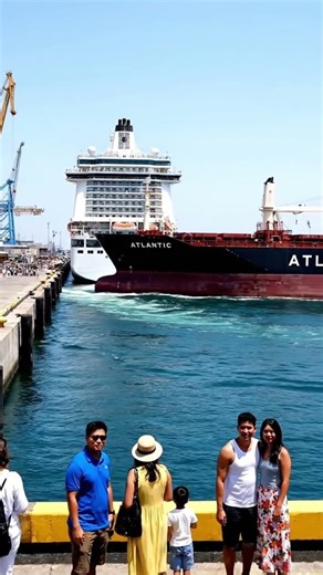 Close Call: Massive Cruise Ship and Cargo Vessel Navigate Narrow Port