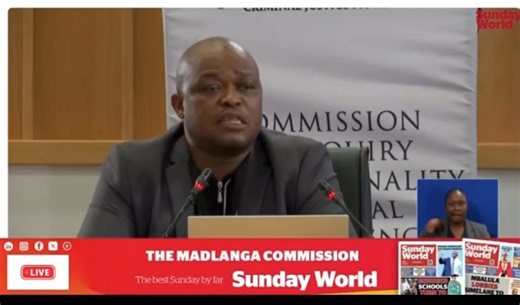 Brown Mogotsi, a controversial North West businessman and police minister Senzo Mchunu's comrade, explaining to commissioner Adv Sesi Baloyi SC of the Madlanga Commission of Inquiry on the WhatsApp chats between him and Mchunu. | Sunday World