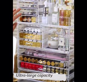 Cq acrylic Make Up Organizers for Vanity With 14 Drawers, 4 Pack Clear Drawer Organizers,Plastic Cute Desk Accessories Organization and Bathroom Organizers Storage Case Box Cube for Beauty,Skin Care
