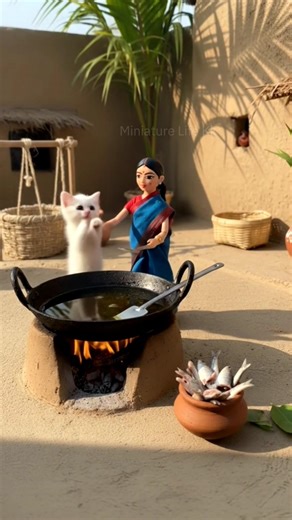 Miniature doll frying fishes for cat😺. #miniature #miniaturecooking #cat