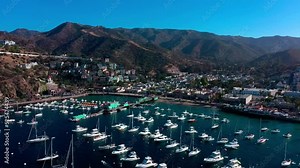 Catalina Island drone flying over boats towards the Pier.
